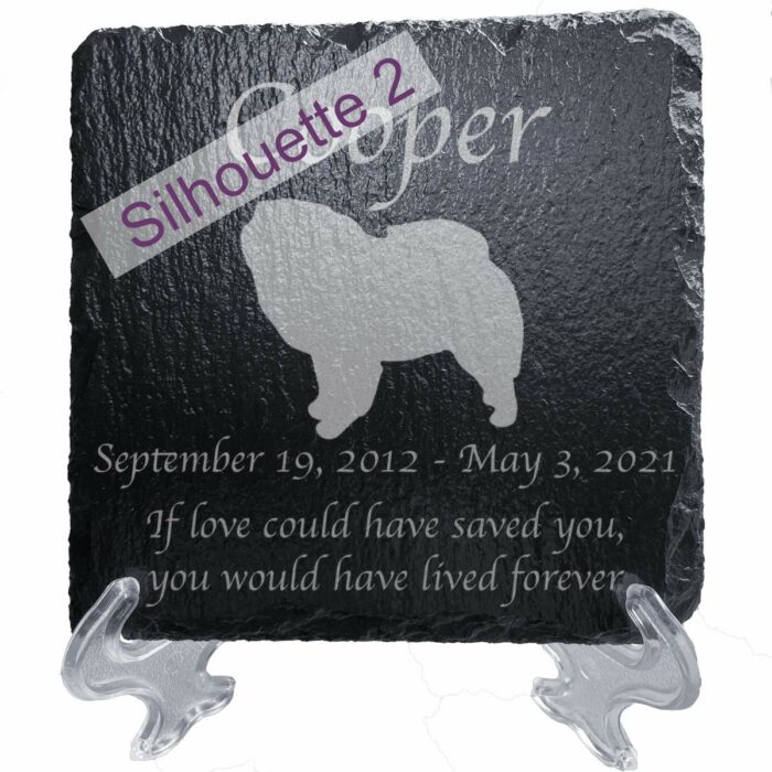 Engraved silhouette memorial slate plaque, stand, Chow Chow, sill 2