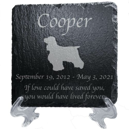 Engraved silhouette memorial slate plaque, stand, Cocker Spaniel 1