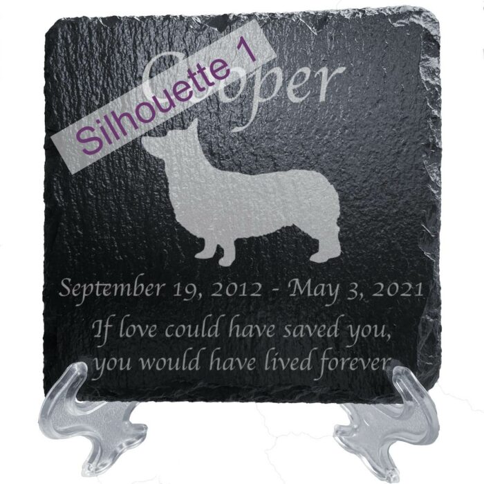 Engraved silhouette memorial slate plaque, stand, Corgi sill1