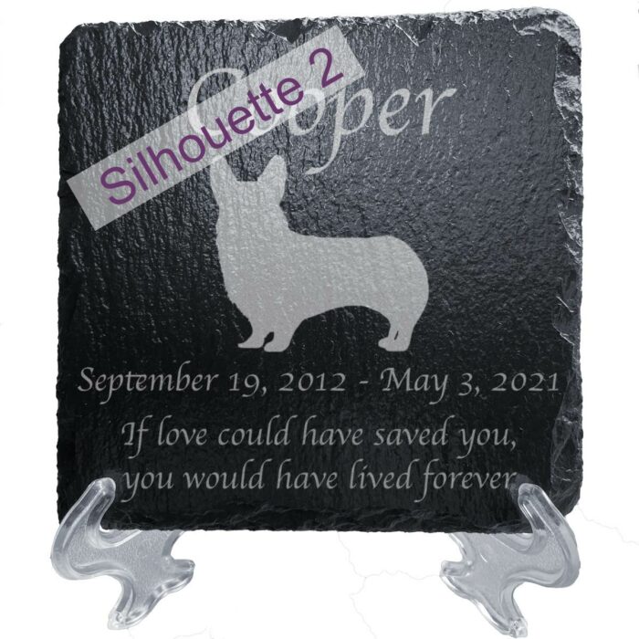 Engraved silhouette memorial slate plaque, stand, Corgi sill2