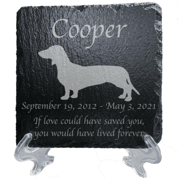 Engraved silhouette memorial slate plaque, stand, Dachshund 1