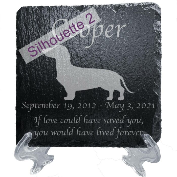 Engraved silhouette memorial slate plaque, stand, Dachshund sill2