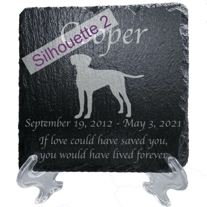 Engraved silhouette memorial slate plaque, stand, Dalmatian sill2