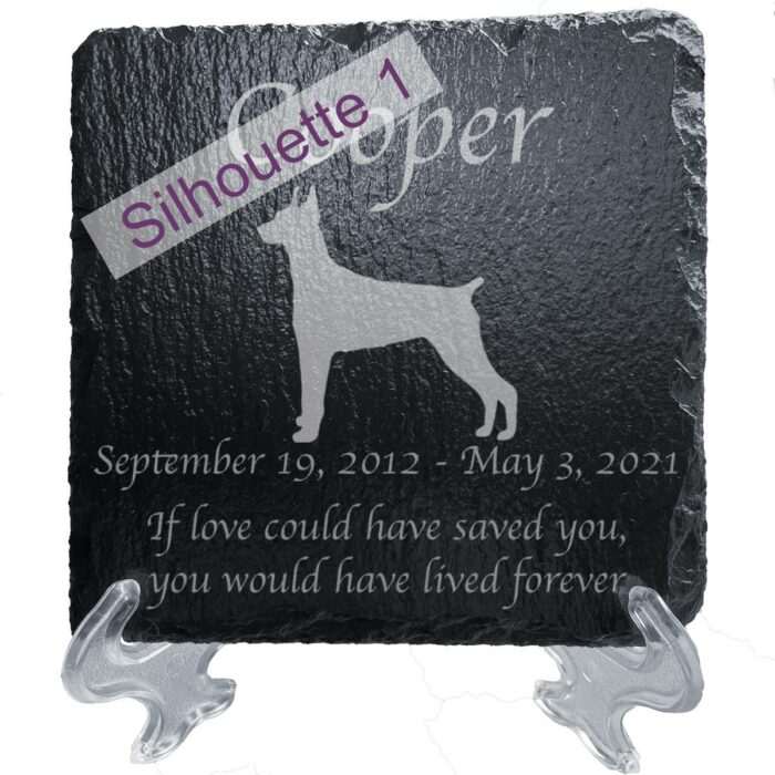 Engraved silhouette memorial slate plaque, stand, Doberman Pinscher sill1