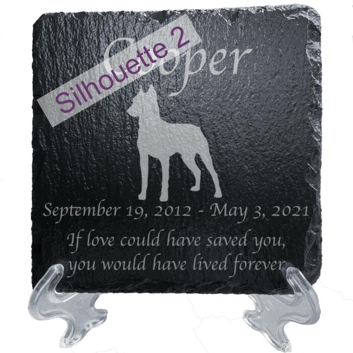 Engraved silhouette memorial slate plaque, stand, Doberman Pinscher sill2