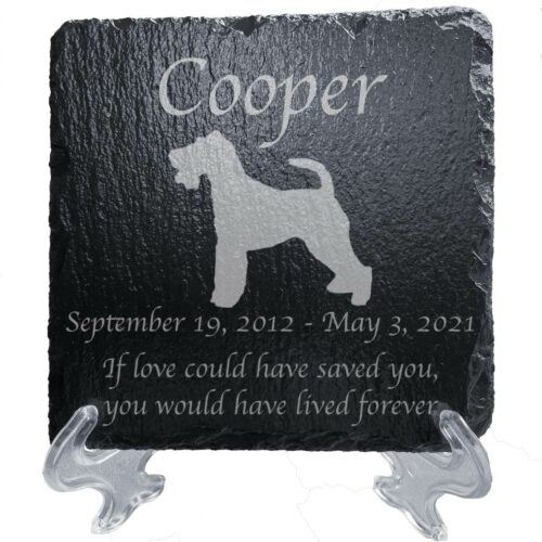 Engraved silhouette memorial slate plaque, stand, Fox Terrier 1