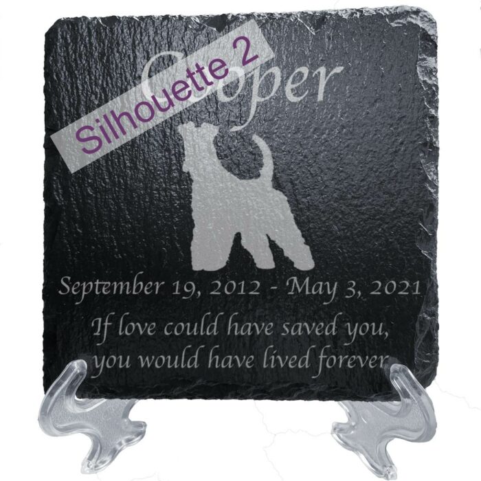 Engraved silhouette memorial slate plaque, stand, Fox Terrier sill2