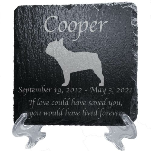 Engraved silhouette memorial slate plaque, stand, French Bulldog 1