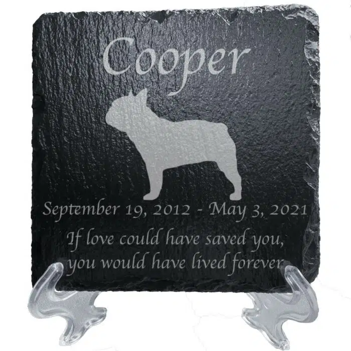 Engraved silhouette memorial slate plaque, stand, French Bulldog 1