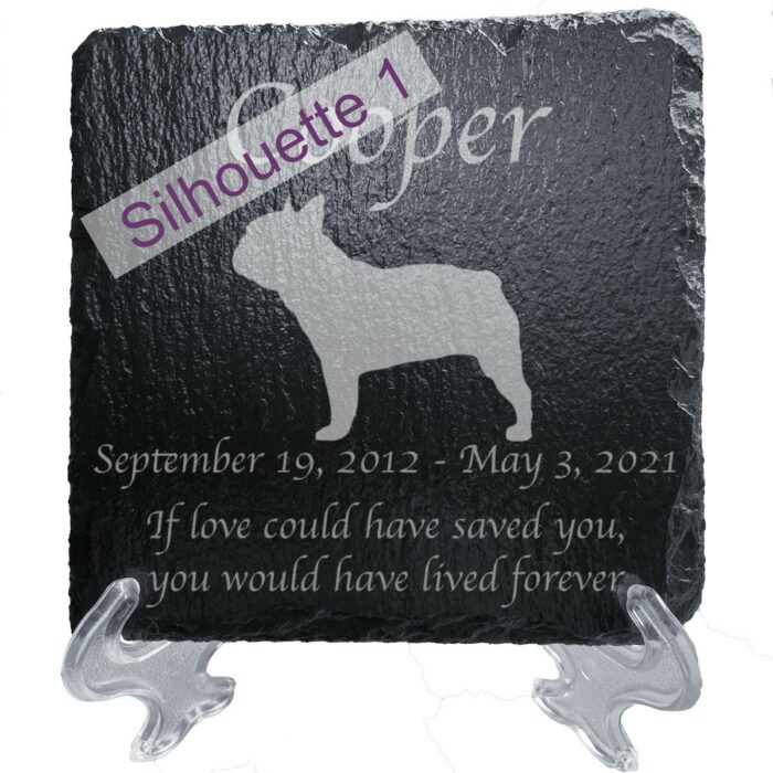 Engraved silhouette memorial slate plaque, stand, French Bulldog sill1