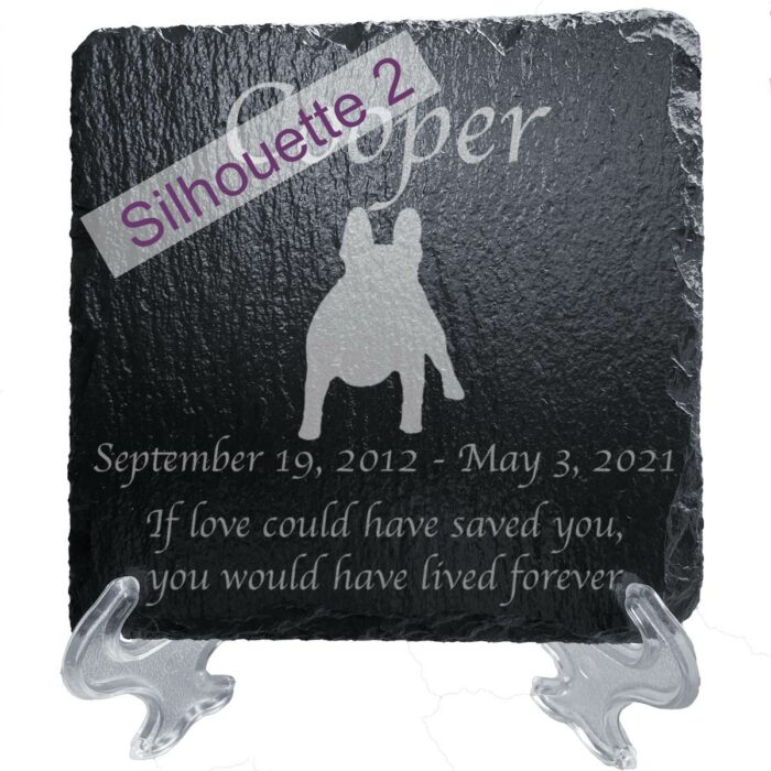 Engraved silhouette memorial slate plaque, stand, French Bulldog sill2