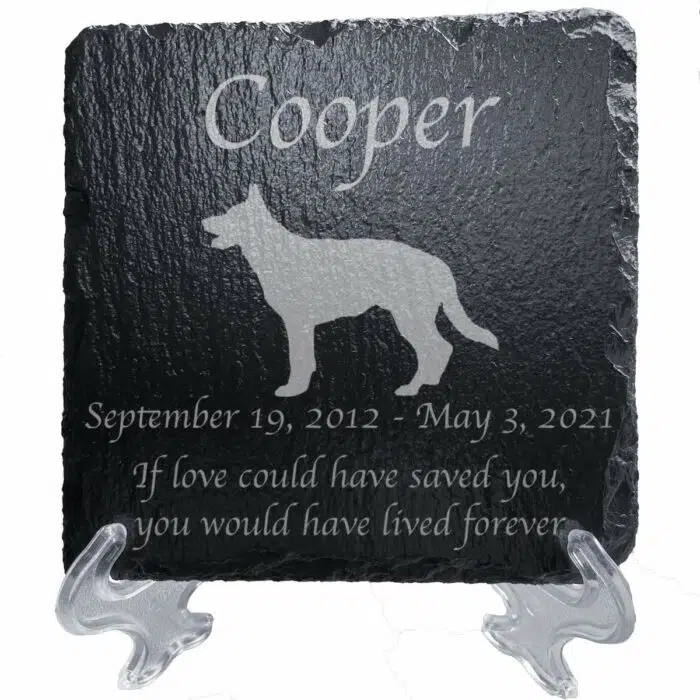 Engraved silhouette memorial slate plaque, stand, German Shepherd 1