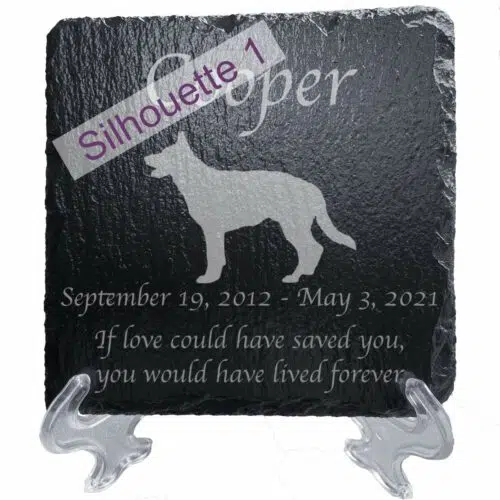 Engraved silhouette memorial slate plaque, stand, German Shepherd 1