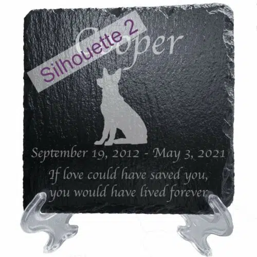 Engraved silhouette memorial slate plaque, stand, German Shepherd 2