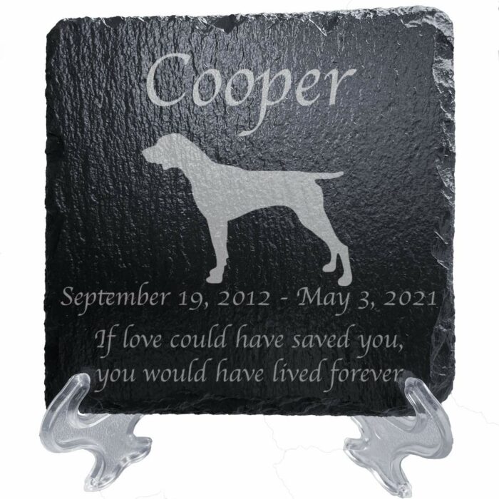 Engraved silhouette memorial slate plaque, stand, German Shorthaired Pointer 1