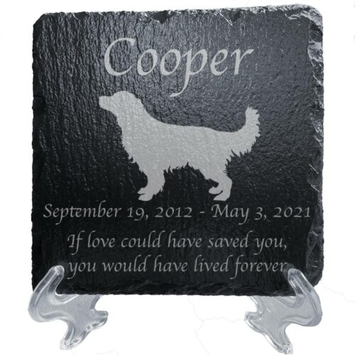 Engraved silhouette memorial slate plaque, stand, Golden Retriever 1