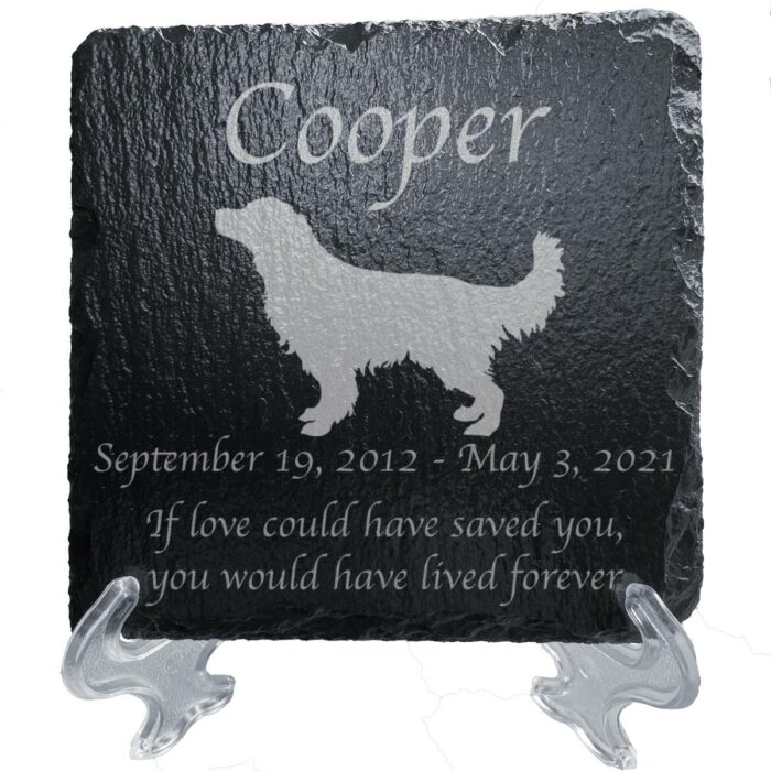 Engraved silhouette memorial slate plaque, stand, Golden Retriever 1