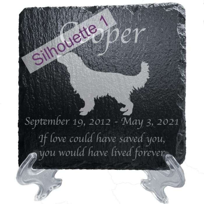 Engraved silhouette memorial slate plaque, stand, Golden Retriever 1