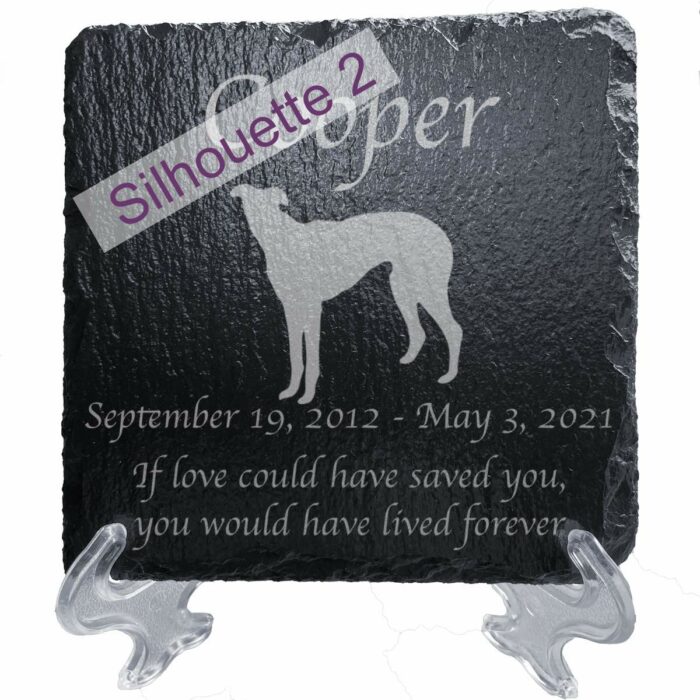 Engraved silhouette memorial slate plaque, stand, Greyhound sill2