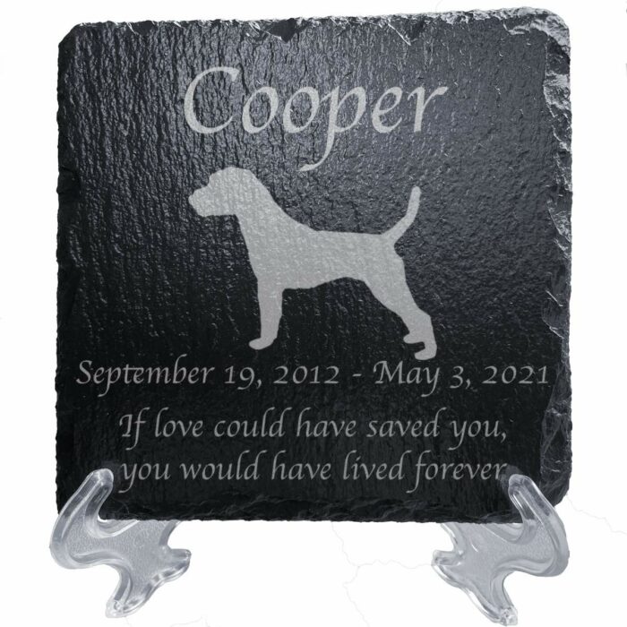 Engraved silhouette memorial slate plaque, stand, Jack Russell Terrier 1