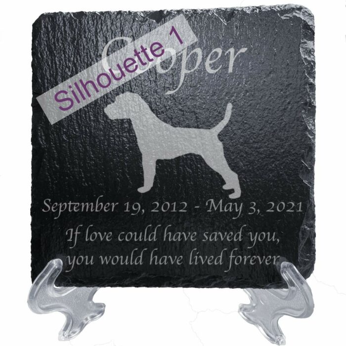 Engraved silhouette memorial slate plaque, stand, Jack Russell Terrier sill1