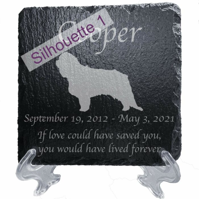 Engraved silhouette memorial slate plaque, stand, King Charles Spaniel sill1