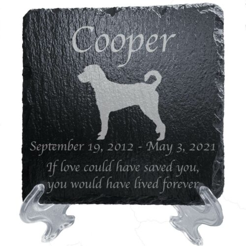 Engraved silhouette memorial slate plaque, stand, Labradoodle 1