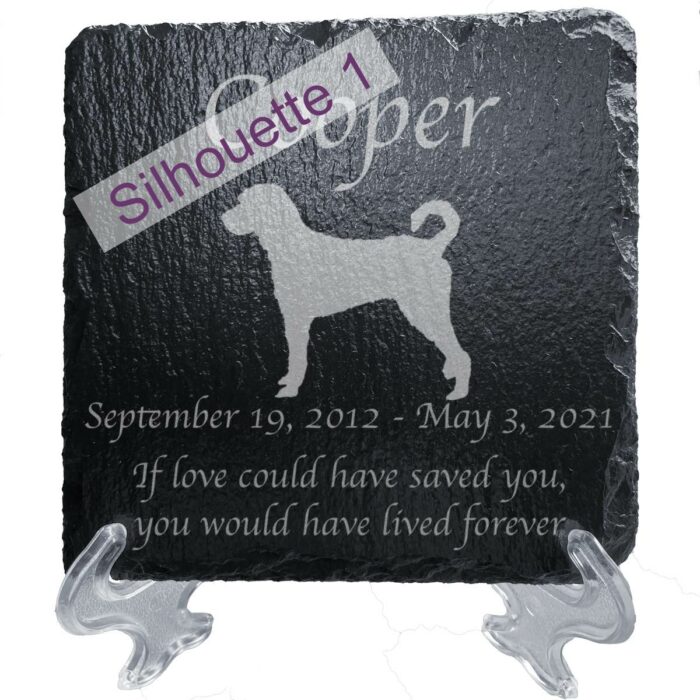 Engraved silhouette memorial slate plaque, stand, Labradoodle sill1