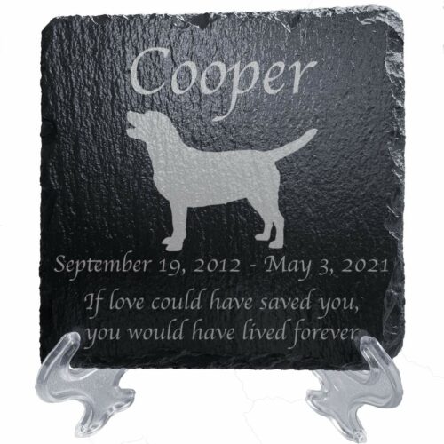 Engraved silhouette memorial slate plaque, stand, Labrador Retriever 1