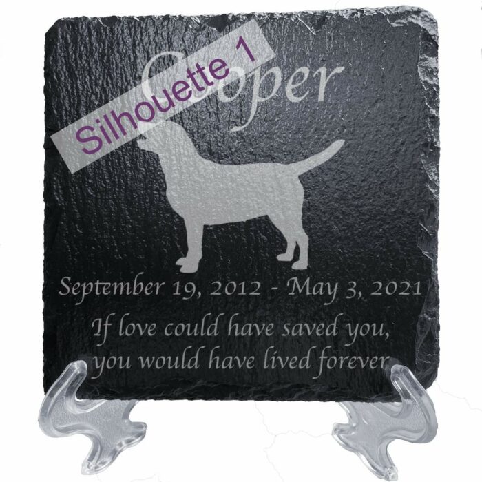 Engraved silhouette memorial slate plaque, stand, Labrador Retriever sill1