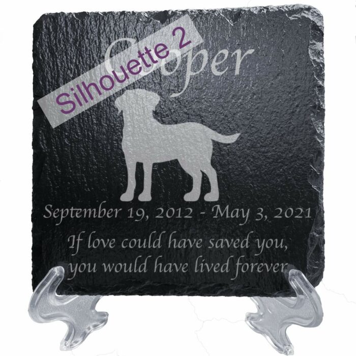 Engraved silhouette memorial slate plaque, stand, Labrador Retriever sill2