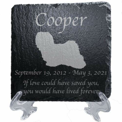 Engraved silhouette memorial slate plaque, stand, Lhasa Apso 1