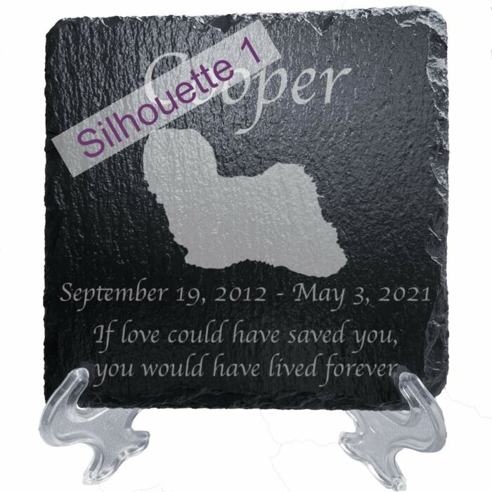 Engraved silhouette memorial slate plaque, stand, Lhasa Apso sill1