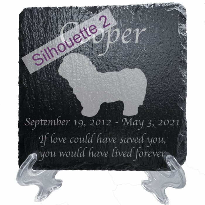 Engraved silhouette memorial slate plaque, stand, Lhasa Apso sill2