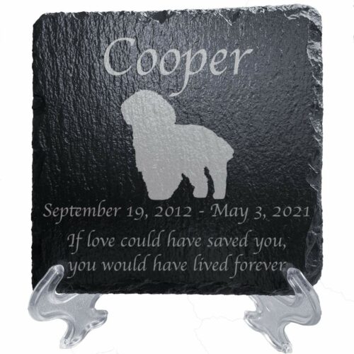 Engraved silhouette memorial slate plaque, stand, Maltese 1