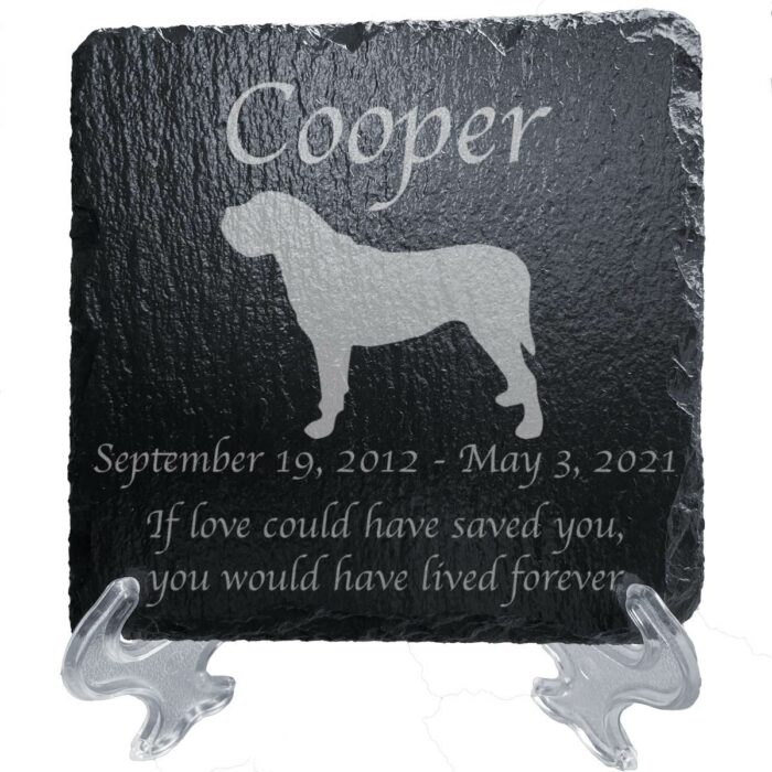 Engraved silhouette memorial slate plaque, stand, Mastiff 1