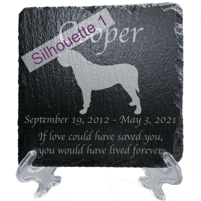 Engraved silhouette memorial slate plaque, stand, Mastiff sill1