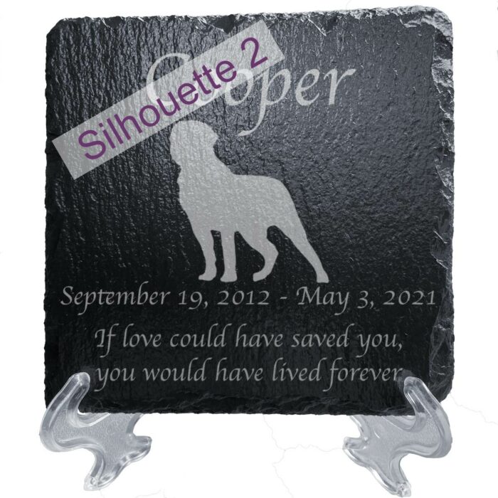 Engraved silhouette memorial slate plaque, stand, Mastiff sill2