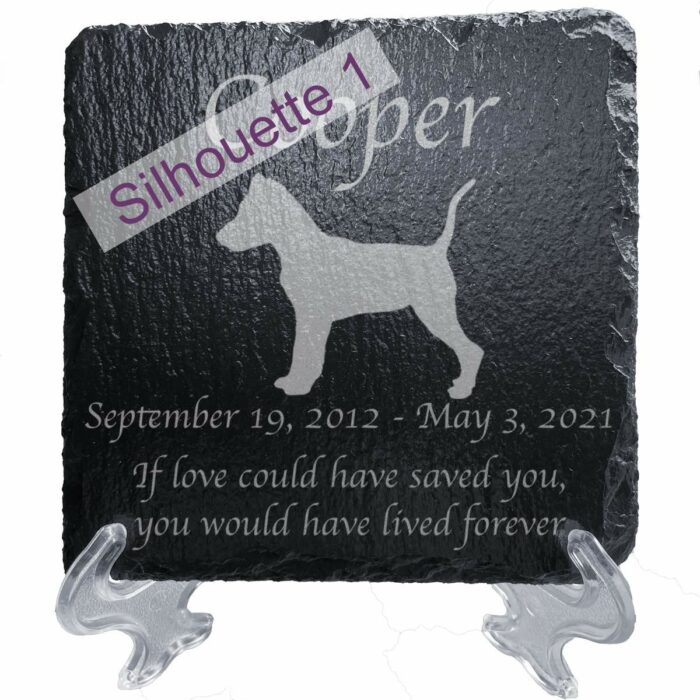 Engraved silhouette memorial slate plaque, stand, Miniature Pinscher sill1