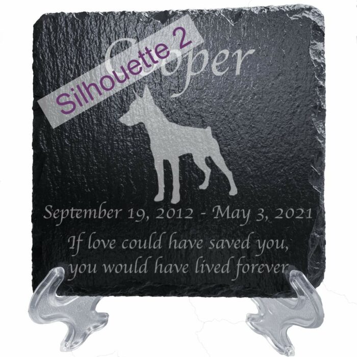 Engraved silhouette memorial slate plaque, stand, Miniature Pinscher sill2