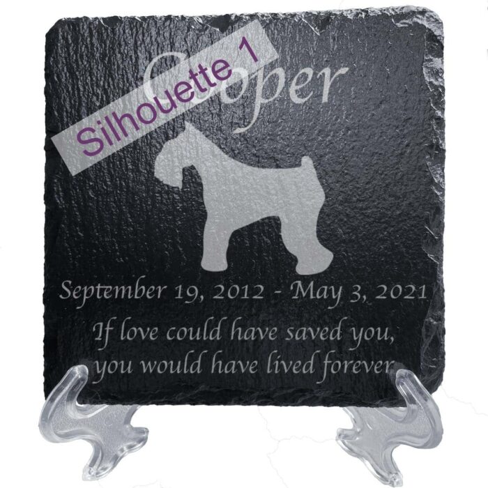 Engraved silhouette memorial slate plaque, stand, Miniature Schnauzer sill1