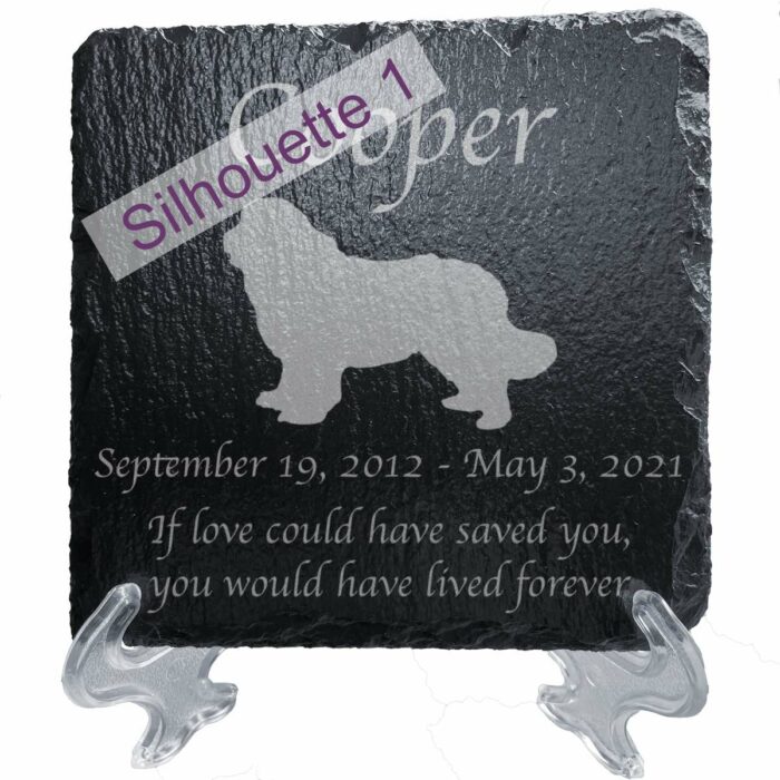 Engraved silhouette memorial slate plaque, stand, Newfoundland sill1