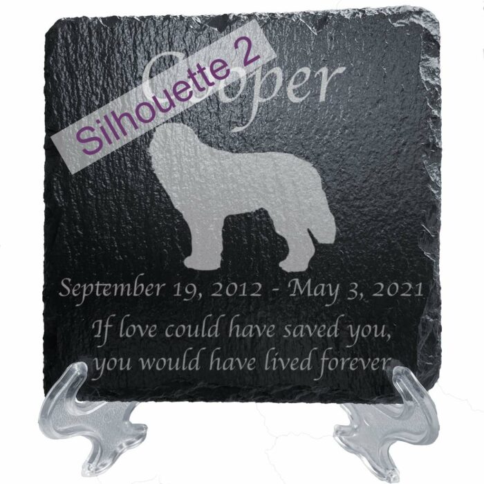 Engraved silhouette memorial slate plaque, stand, Newfoundland sill2