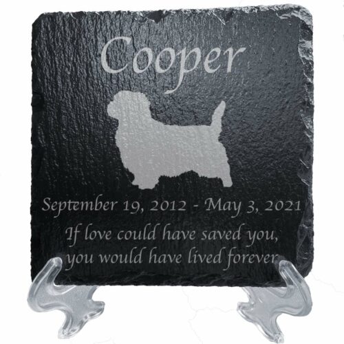 Engraved silhouette memorial slate plaque, stand, Norfolk Terrier 1