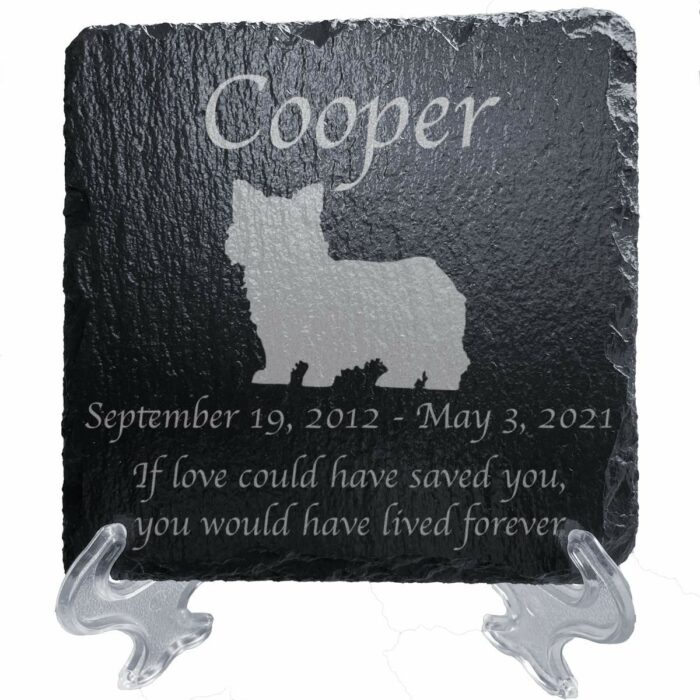 Engraved silhouette memorial slate plaque, stand, Norwich Terrier 1