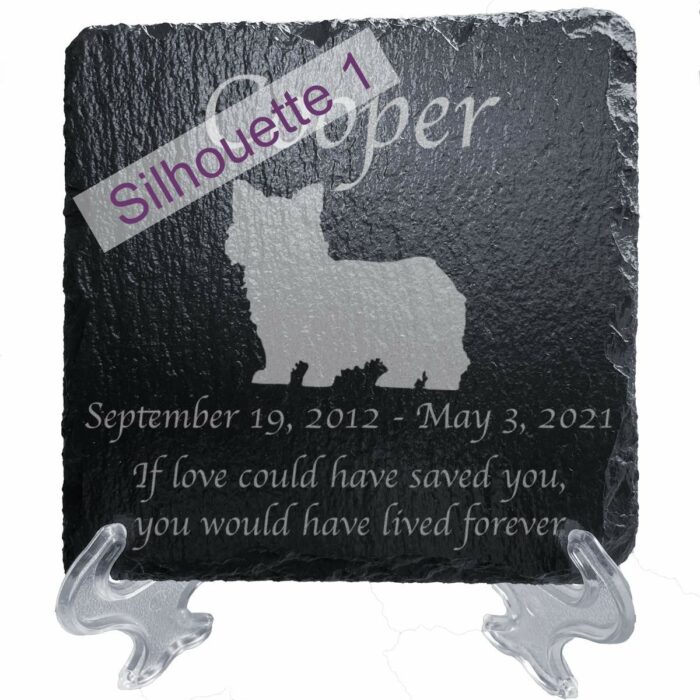 Engraved silhouette memorial slate plaque, stand, Norwich Terrier sill1