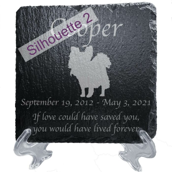 Engraved silhouette memorial slate plaque, stand, Papillon sill2