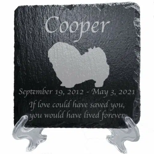 Engraved silhouette memorial slate plaque, stand, Pekingese 1