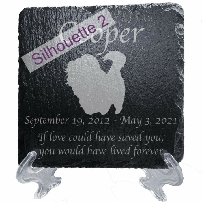 Engraved silhouette memorial slate plaque, stand, Pekingese sill2