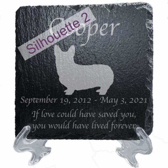 Engraved silhouette memorial slate plaque, stand, Pembroke Welsh Corgi sill2